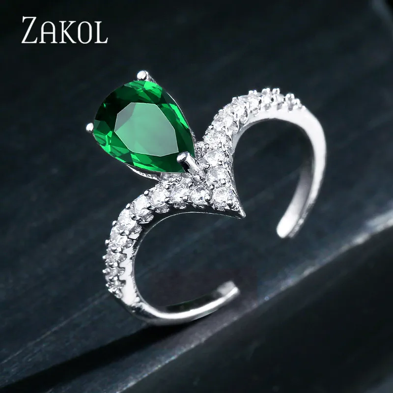 ZAKOL, красивый дизайн, капля воды, кубический, Zirocnia, женское, открытое, регулируемое, для помолвки, кольцо в виде короны, Anillos Mujer, вечерние, для шоу, FSRP2036 - Цвет основного камня: Green