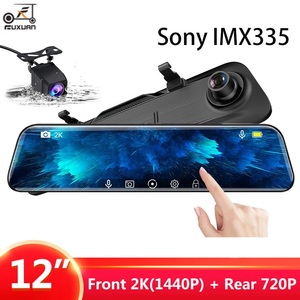

OLPKY 12" Car DVR Stream Media Dash Cam 1440P Touch Screen Dual Lens 2K Video Recorder Rearview Mirror Backup Camera Registrator