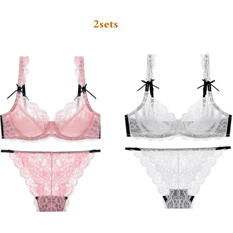 Women Sexy Lace Bra & Brief Sets Thin Cotton Lined Triangle Cup Bra and Panties Set Underwear Small Breasts Women Lingerie 2sets panty sets Bra & Brief Sets