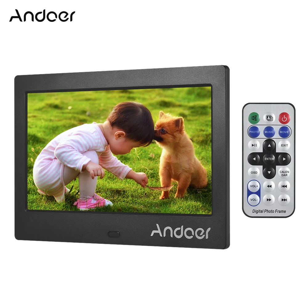 Andoer " ips HD экран 1024*600 цифровая фоторамка Музыка Видео Воспроизведение Часы Будильник Календарь несколько языков дистанционное управление