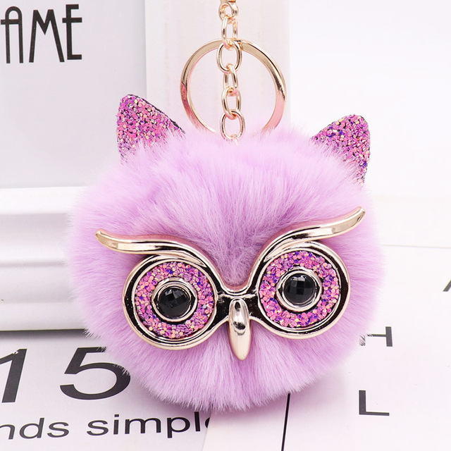 Cute Sequin Ears Owl Keychain Fluffy Artificial Rabbit Hairy Pom-pom Keychain Women's Shoulder Bag Owl Pendant Key Ring