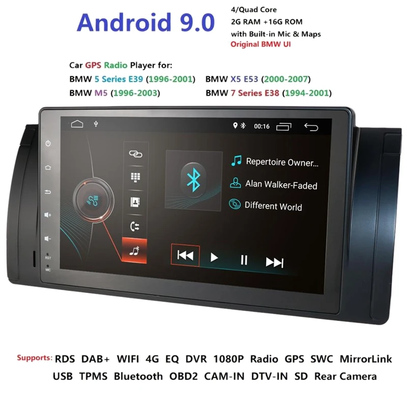 9 дюймов Android 9,1 2+ 16G Автомобильный gps-навигатор мультимедийный плеер Автомобильный радиоприемник с Bluetooth Автомобильный стереоплеер для BMW E39 E53 X5