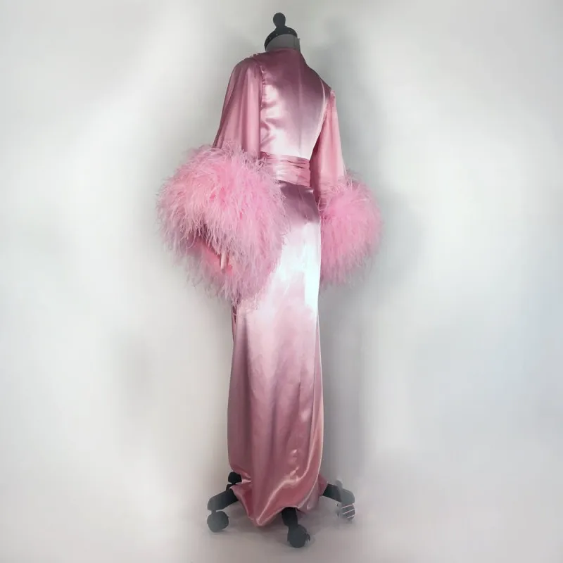 Халат для женщин розовый перо полная длина белье Ночная рубашка пижамы женские халаты домашняя одежда ночное белье