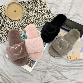 

Women Slippers Fashion Love Heart Cotton Slippers Winter Fur Ladies Home Furry Slippers Warm Indoor Shoes Claquette Fourrure
