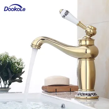 

Brass Single Handle Bathroom Faucet Gold with Ceramic Decoration, Hot and Cold Basin Faucet Sink Mixer Taps