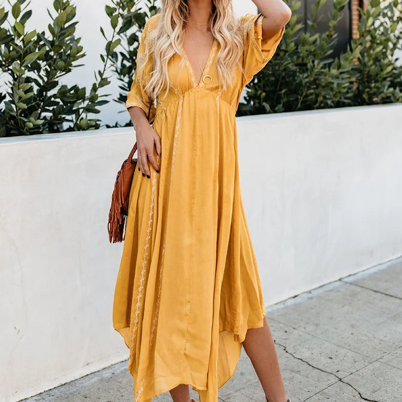 Ordifree летнее Boho женское Макси платье винтажное вышитое желтое свободное женское длинное пляжное платье-туника