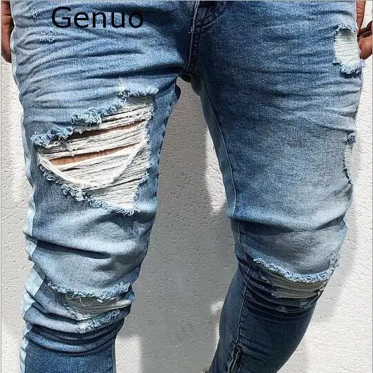 Genuo, новинка, рваные мужские джинсы с дырками, синие мужские джинсы с боковой полоской, мужские джинсы на молнии в стиле хип-хоп, уличная одежда, обтягивающие байкерские джинсы