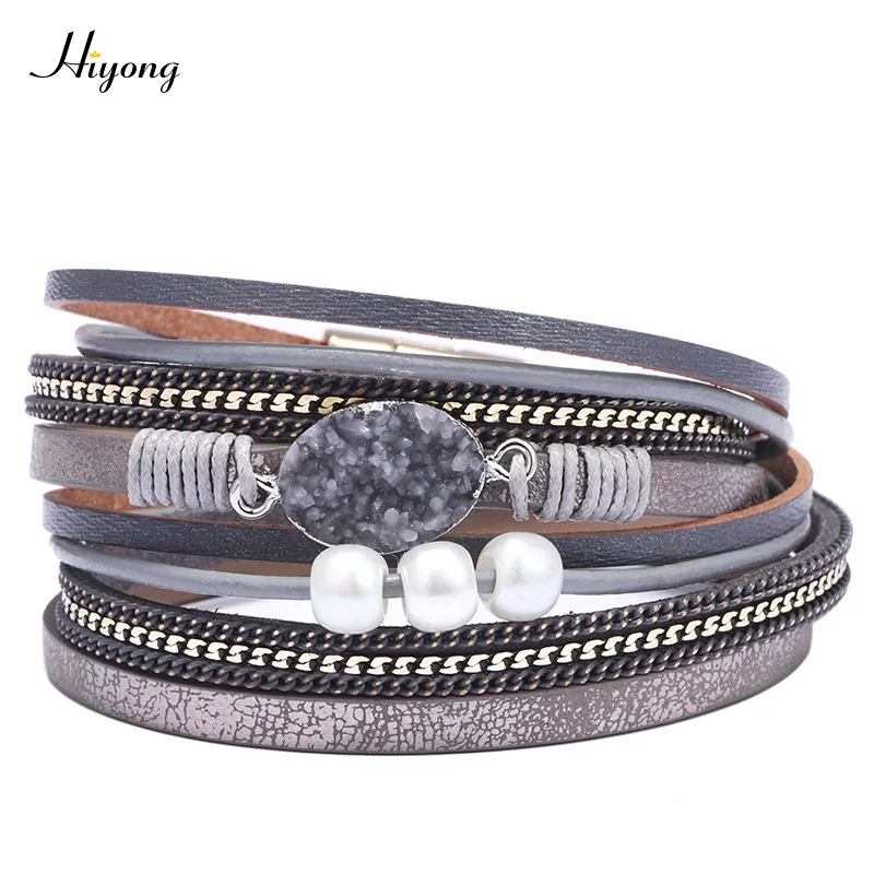 Wrap bracelet HIYONG, модные богемные многослойные кожаные браслеты для женщин, жемчужные пресной воды, очаровательные браслеты, Женские Ювелирные изделия - Окраска металла: Wrap bracelet