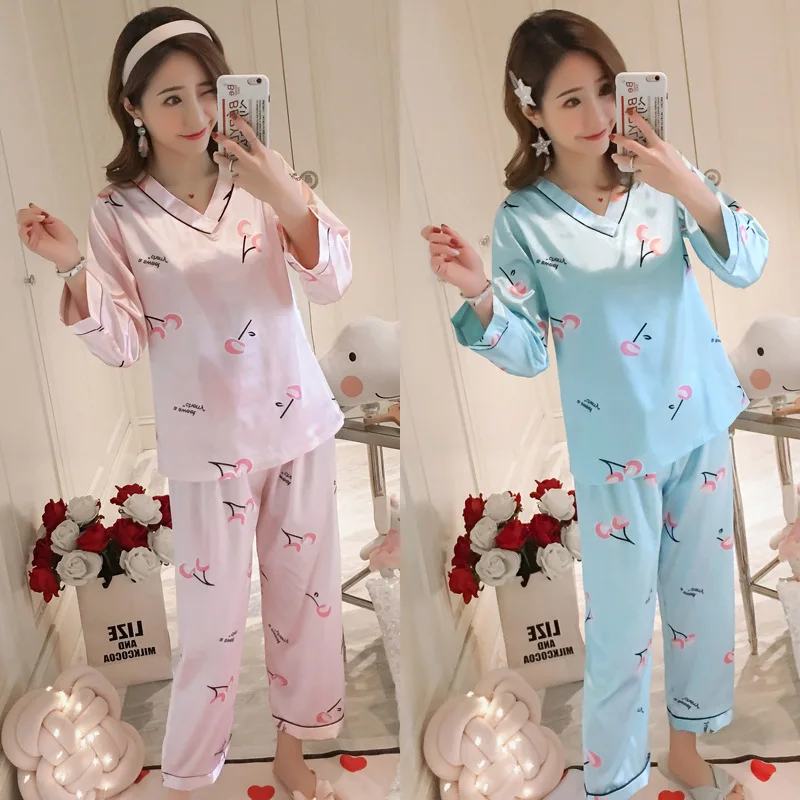 

032 # Pajamas Women's Spring And Autumn Thin Long-sleeve Suit Korean-style Sweet Silk-Outer Wear Tracksuit Two-Piece Set