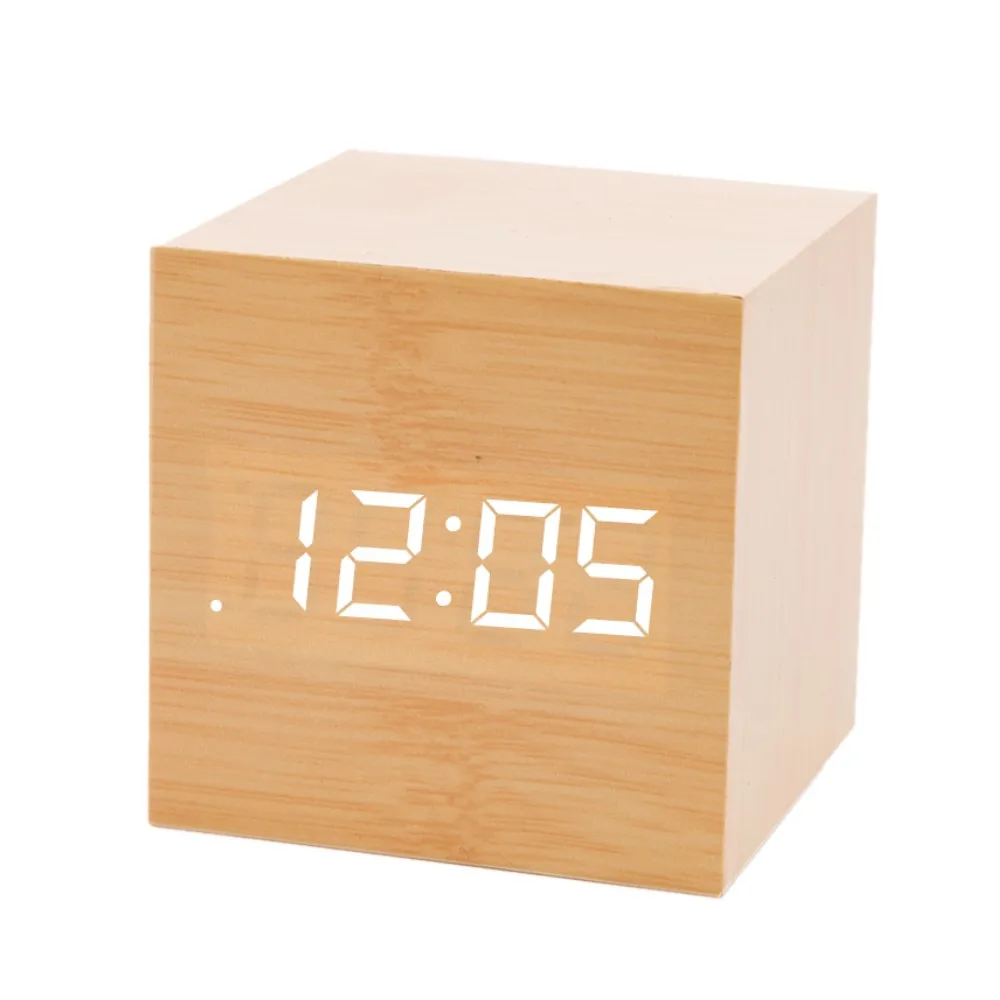  HOT Mini Digital Wooden LED Alarm Clock Wood Retro Glow Clock Desktop Table Decor Voice Control Sno