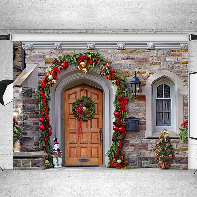 

Christmas Vintage Wooden Door Photography Backdrops Christmas Decor Tree Snowman Children Backgrounds for Photo Studio