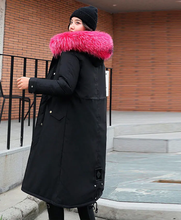 30 градусов, одежда для снежной погоды Длинные парки зимняя куртка Для женщин с меховым капюшоном Костюмы женский Меховая подкладка Толстое Зимнее пальто Для женщин