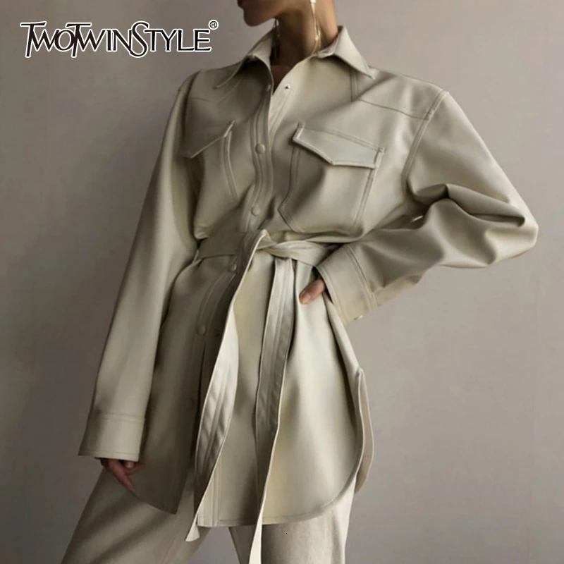 

TWOTWINSTYLE Korean PU Leather Women's Coats Lapel Collar Long Sleeve Pocket Lace Up Loose Coat Female 2019 Autumn Fashion New