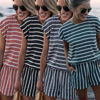 

Striped Short Jumpsuit Sexy Short Sleeve O Neck Pockets Gray Playsuit Jumpsuits Summer New Casual Beach Mini Rompers