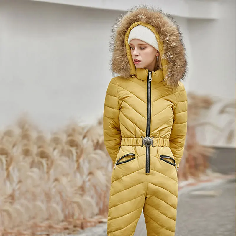 Лыжный комплект со штанами для женщин зимнее теплое длинное пальто женский комбинезон с капюшоном верхняя одежда женский цельный лыжный комбинезон женский спортивный костюм - Цвет: yellow