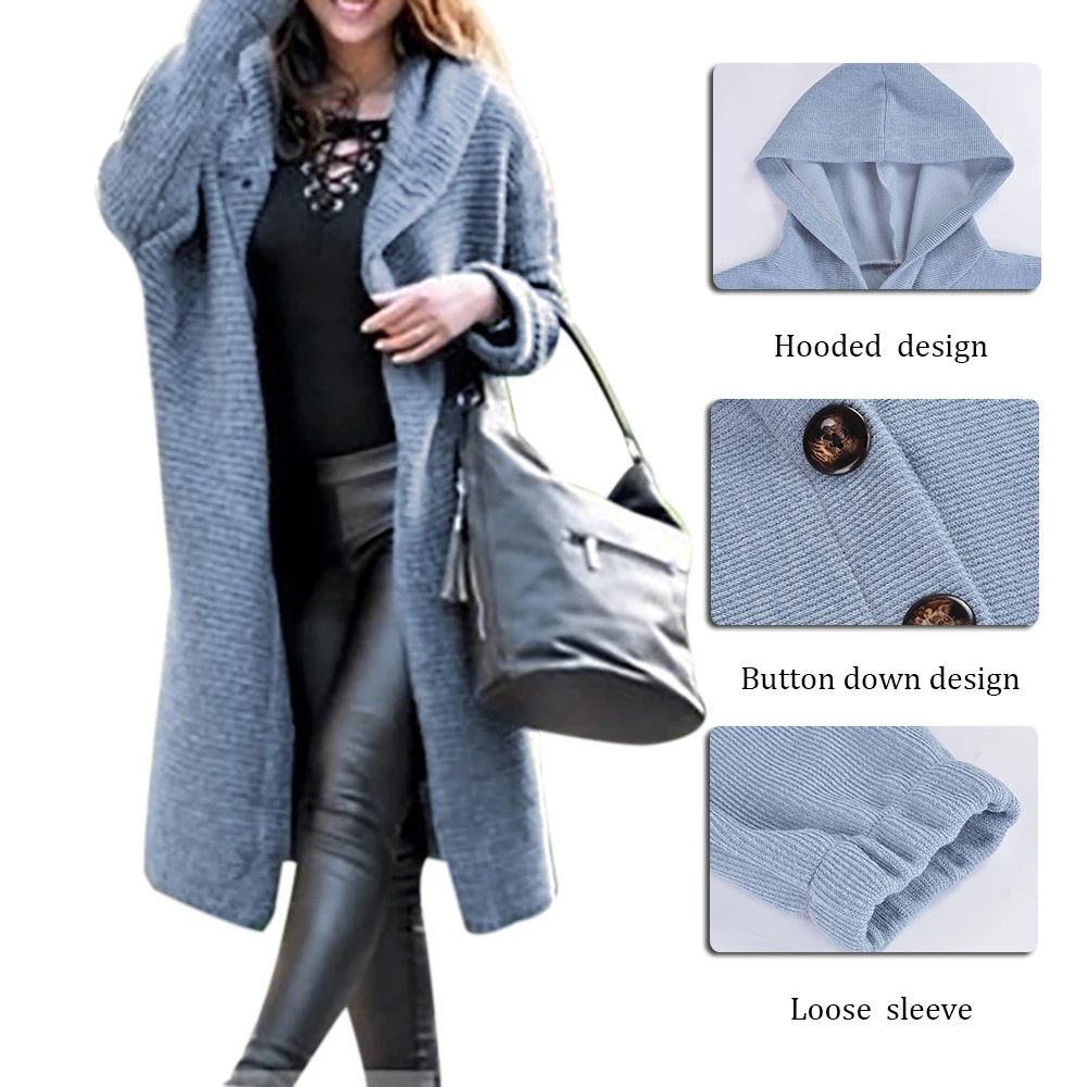 Женский длинный кардиган, Однотонный свитер с капюшоном, осень, теплое тонкое длинное пальто, зимнее вязаное пальто размера плюс 5XL, повседневная трикотажная одежда