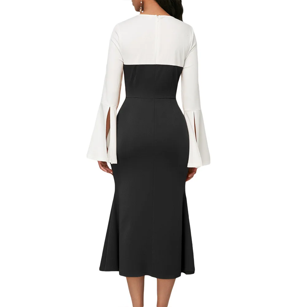 

WOMEN'S Dress Spring And Summer New Style Dress Waist Hugging Slimming Crew Neck Long Sleeve Joint Mid-length Mini Skirt 610544