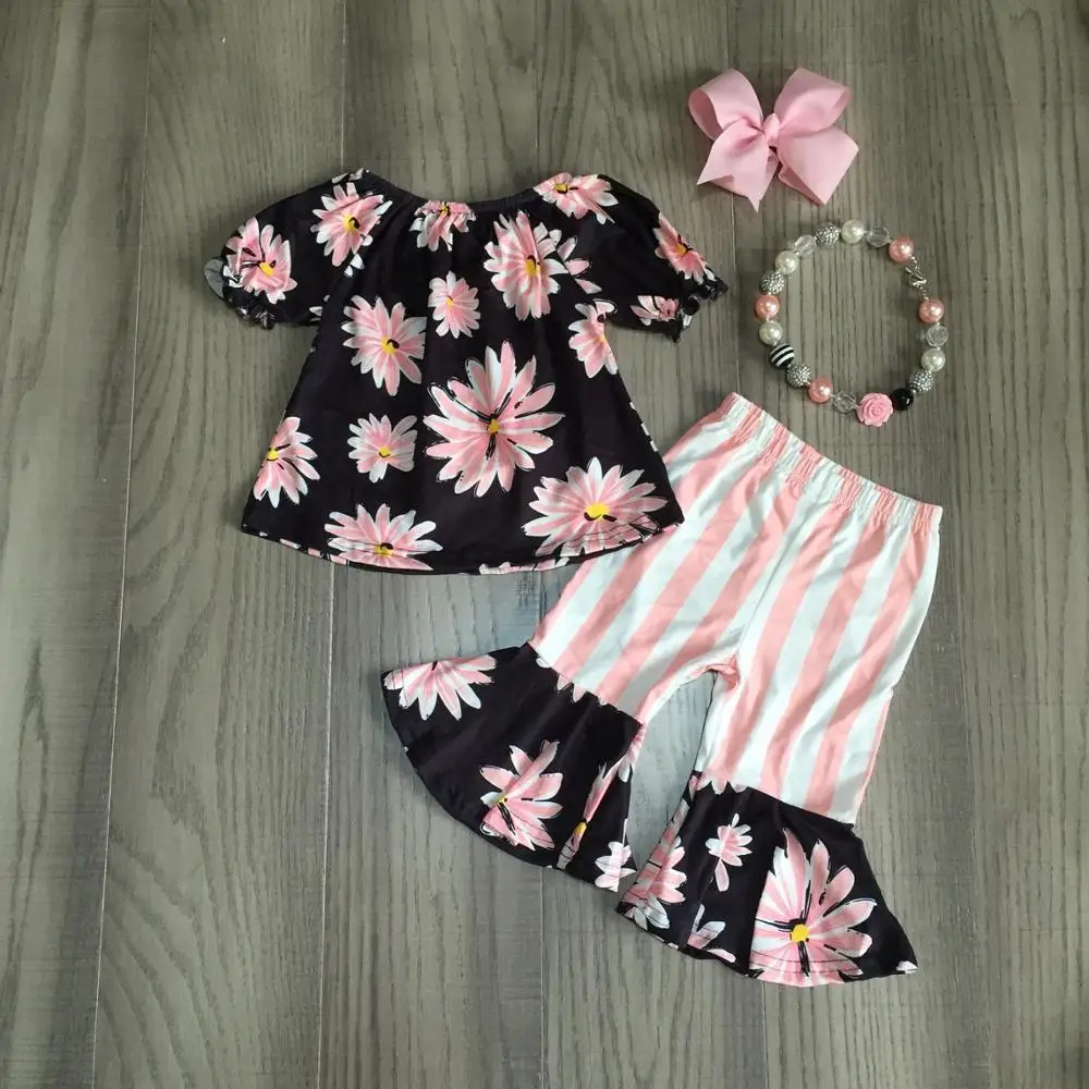 summer baby girls children cotton clothes ruffles black pink daisy