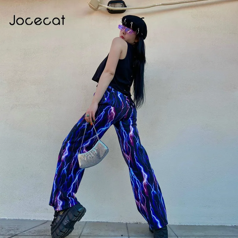 

Jocecat Lightning Print Gothic Straight Cargo Pants Women Casual Baggy Joggers Trousers High Waist Hip Hop Streetwear Pants