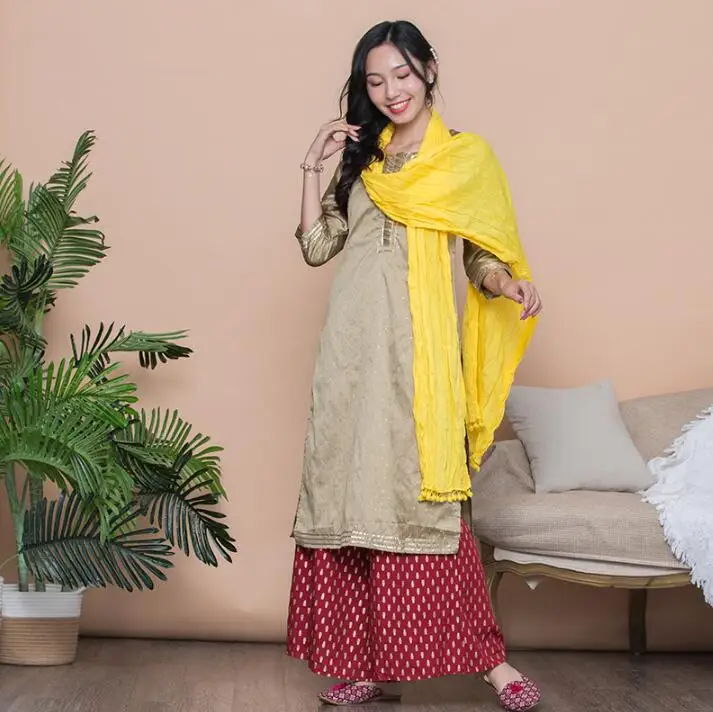 Женские модные комплекты в этническом стиле хлопок Индия Kurtas платье леди три четверти рукав топ брюки