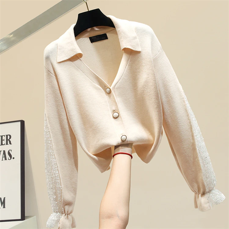 Autumn Winter Lapel Thick Knitted Cardigan Sweater Female Knit Coat Fashion Lace Sleeve Cardigans Jacket Womens Basic Sweaters