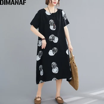 

DIMANAF Summer Women Dress Plus Size Vestidos Clothing Vintage Print Dot Black Elegant Lady Casual Loose Cotton Linen Long Dress