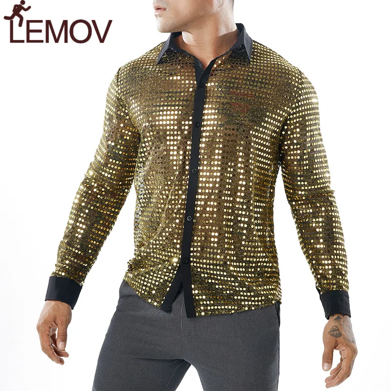 

Shiny Sequin Transparent Shirt Men 2018 New Sexy See Through Chemise Homme Nightclub Stage Prom Dance Shirt Male Camisa Social