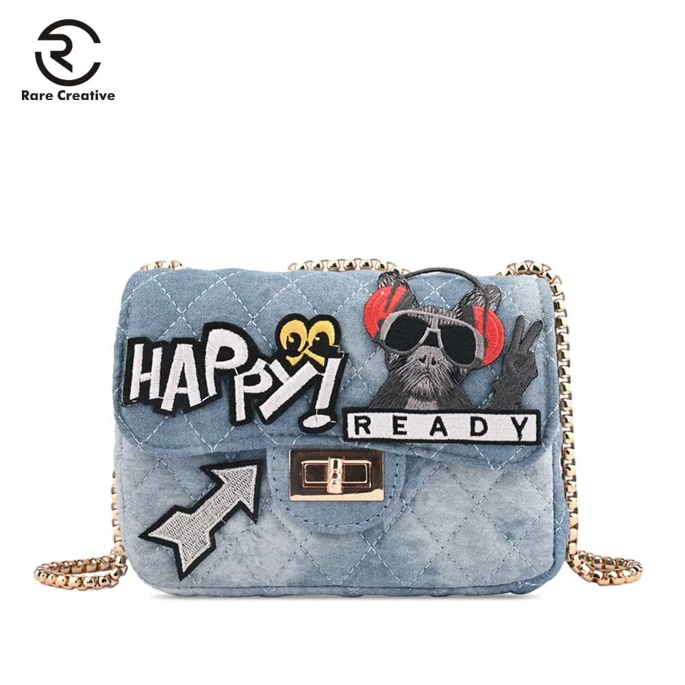 

RARE CREATIVE Letter Women Shoulder Bag Denim Fashion Patchwork Bag Casual Ladies Bag Famous Brand Clutch Strap Flap Bag DM6004