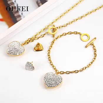 

OUFEI Stainless Steel Jewelry Set For Women Golden Necklace Heart Jewelry Set Crystal Necklace Earrings Set Bracelet Accessories