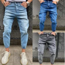 Pantalones vaqueros rasgados para hombre, Jeans ajustados elásticos de gran tamaño, Hip Hop, negro, azul, informales para trotar, 2021