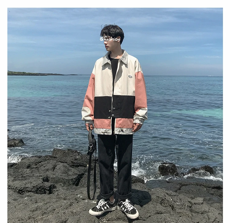 Мужская куртка осень новая тонкая Рабочая Лоскутная куртка с длинными рукавами Свободная Повседневная с отворотом модная Молодежная мужская одежда