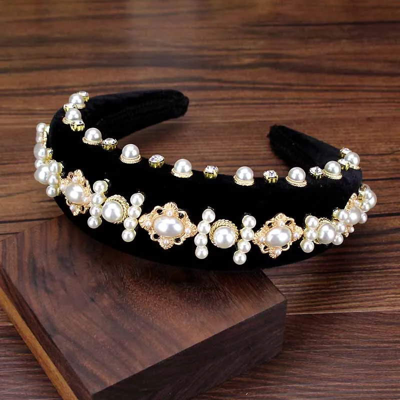 Novel Baroque Big Wide Velvet Hair Band Crystal And Pearl Wedding Headband Rhinestone Hairband Fashion Women Hair Accessories - Metal color: headdress