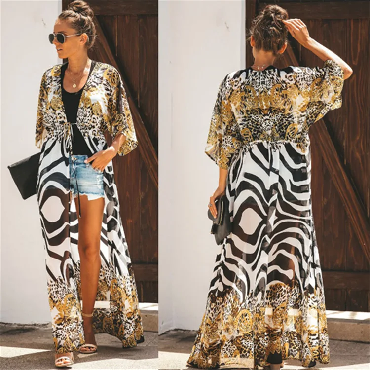

Swim Wear Cover Up Beach Outings For Woman 2019 Swimwear Chiffon Printing Spotted Leopard Coverups Sun Cardigan Tunic Ropa Playa