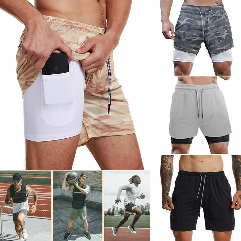 Men's 2 in 1 Running Shorts Gym Workout Quick Dry Mens Shorts with Phone Pocket Jogging Sports Sweat Athletic Pants with Liner