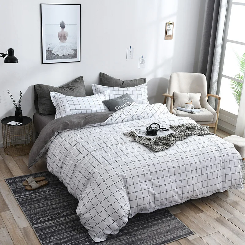 Home Textile Black Plaid Printed Duvet Cover Pillowcase Bed Sheet Simple Boy Girls Bedding Sets 3/4Pcs Single Double Bed Linens