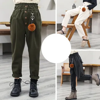 

Solid Color Running Pants Casual Pants Sweatpants for Girls Cotton Fabric Kids Many Buttons Decorative Elastic High Waist Pants
