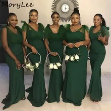 Vestidos de dama de honor africanos, Sexy, verde, cuello en V, sin mangas, longitud hasta el suelo, satén de seda, para fiesta de boda, Bridemaid