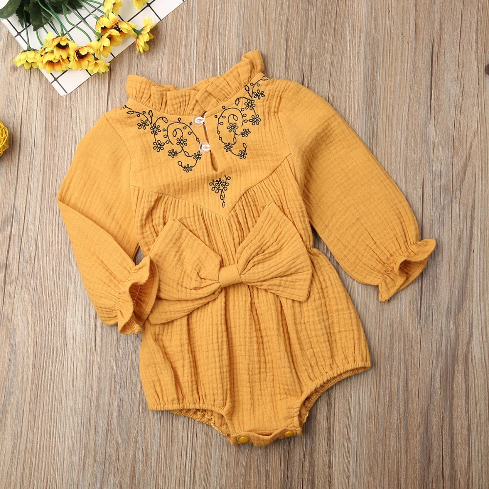 Emmababy осень Одежда для новорожденных девочек одежда с длинными рукавами и бантом; комбинезон с цветочным принтом комплект с комбинезоном