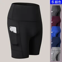 Для женщин Высокая Талия шорты для йоги с косыми карманами, для бега, тренировочные спортивные быстросохнущие облегающие Стретч breathaly фитнес Шорты