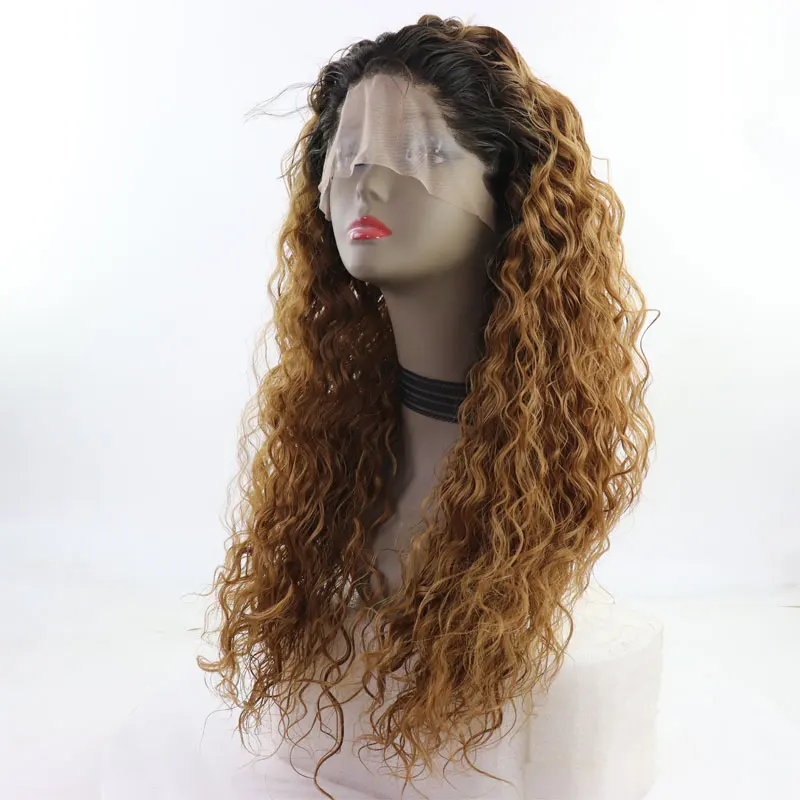 Bombshell Dark Roots Ombre Brown Loose Curly Synthetic 13*3 Lace Front Wig Heat Resistant Fiber With Baby Hair For Women Wigs