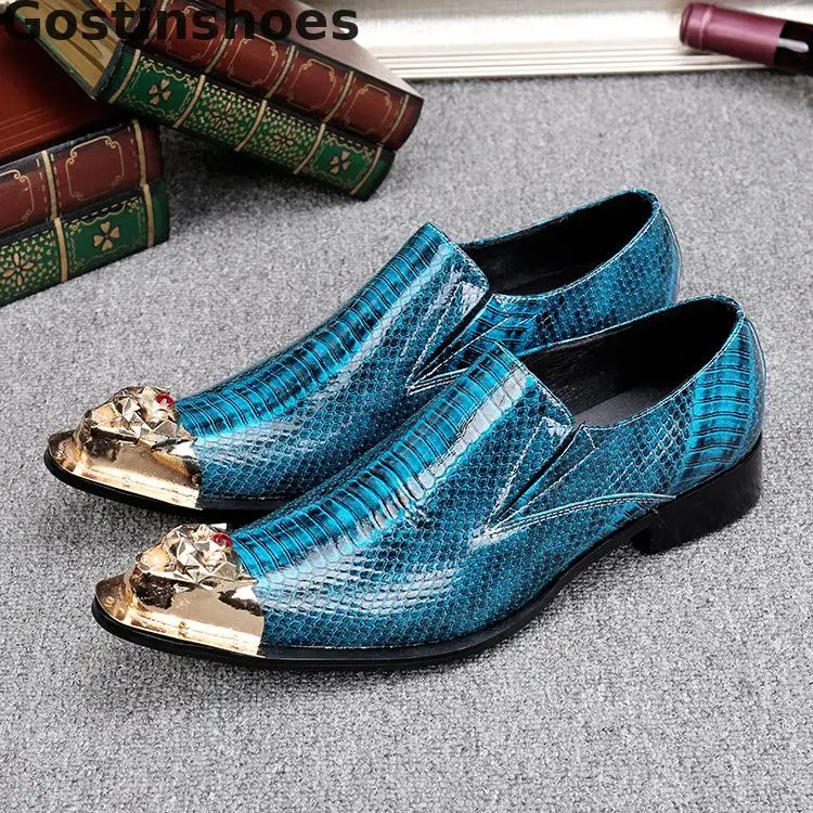 

Fashion Men Shoes Blue Color Genuine Leather Snakeskin Pattern Printed Casual Leather Shoes Slip-on Metal Cap Toe Men Oxfords