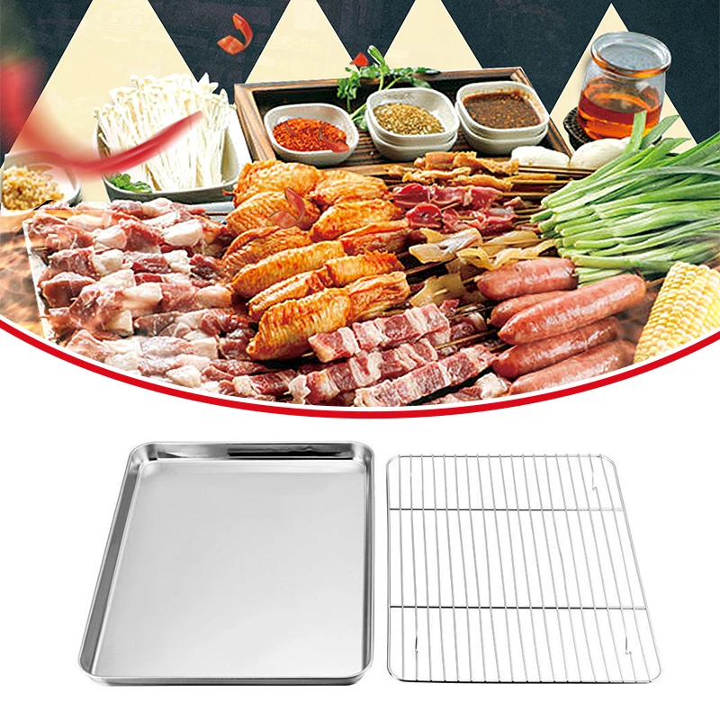 

Baking Tray With Removable Cooling Rack Set Stainless Steel Baking Pan Non-stick BBQ Trays Baking Dish Grill Mesh Kitchen Tools