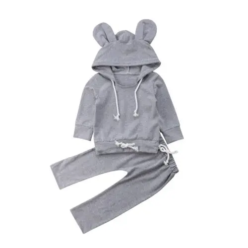 Newborn Infant Outfit Set Baby Boy Girl Hoodie Solid Rabbit Ear Hooded Sweatshirt Tops Long Pants Drawstring Autumn Tracksuits