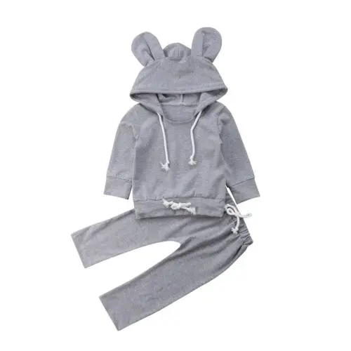  Newborn Infant Outfit Set Baby Boy Girl Hoodie Solid Rabbit Ear Hooded Sweatshirt Tops Long Pants D