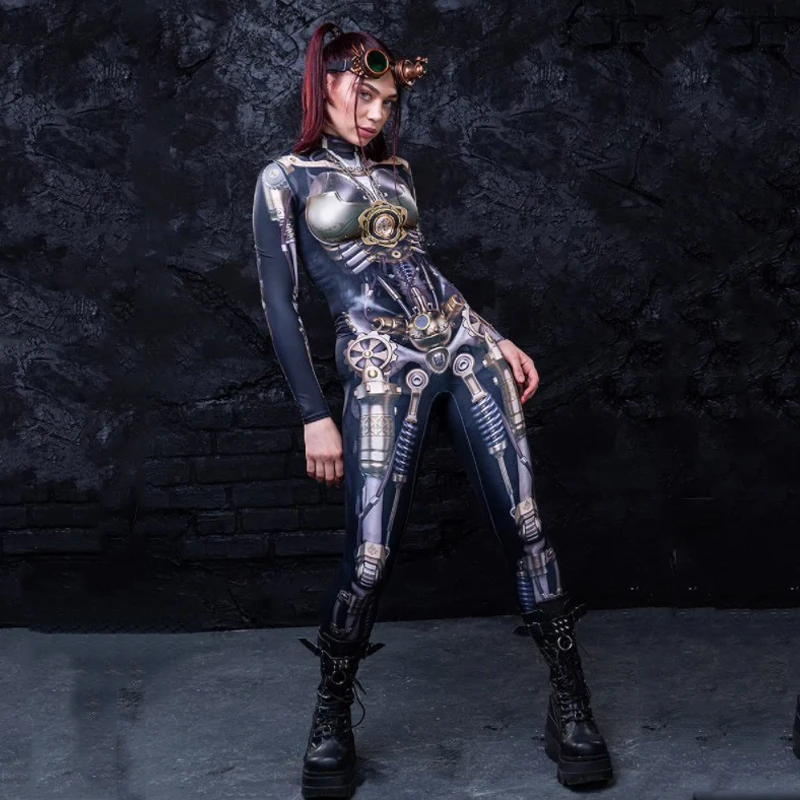New Female Halloween Scary Future Technology Style Robot Skeleton Bone Print Jumpsuit Sexy Long Sleeved Women Slim Tight Costume
