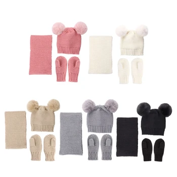 

Hat Scarf Gloves Set Beanie Cap Children Fake Ball Pompon Warm Winter Mittens R2JF