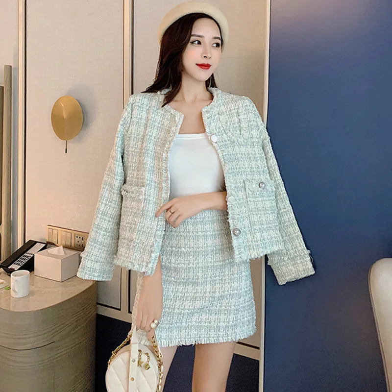 

HAMALIEL Winter Tweed Pearl Button Jacket And Mini A Line Skirt Set Women Green Plaid Tassel Fringed Woolen Coat Two Piece Set