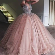 Цвет шампанского, розовый, вечерние платья, длинные платья принцессы из тюля, Украшенные бусинами, вечерние платья большого размера, на заказ, элегантное вечернее платье