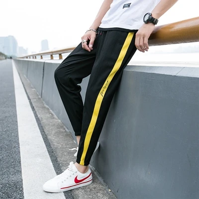 black and yellow Летние новые мужские зауженные брюки тонкие дышащие уличные модные повседневные мужские брюки большого размера M-4XL брюки длиной до щиколотки - Цвет: black and yellow