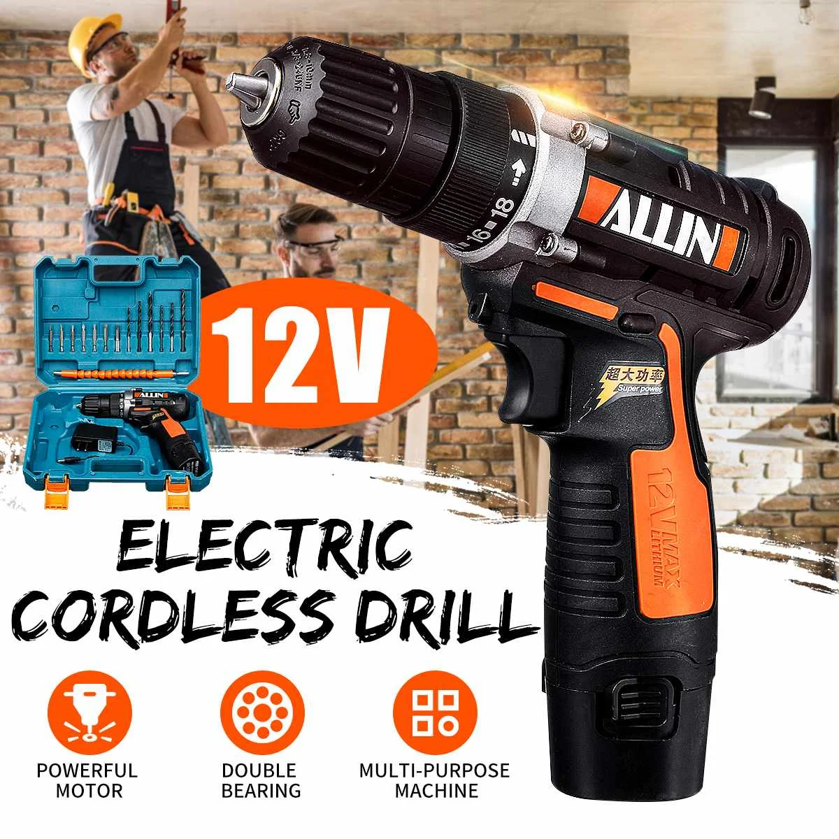 

12V Cordless Drill 25NM Electric Screwdriver 1h Fast charging Rechargeable Household Mini Power Tools Drill Bit Set